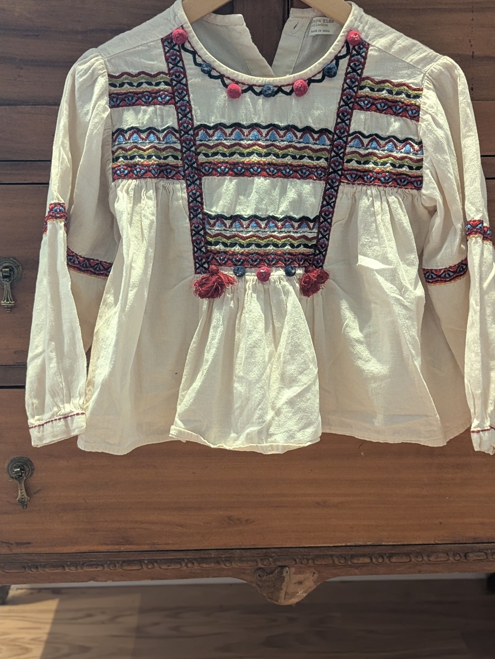 Zara Embroidered Cream Boho Peasant Top with Pom Pom Details